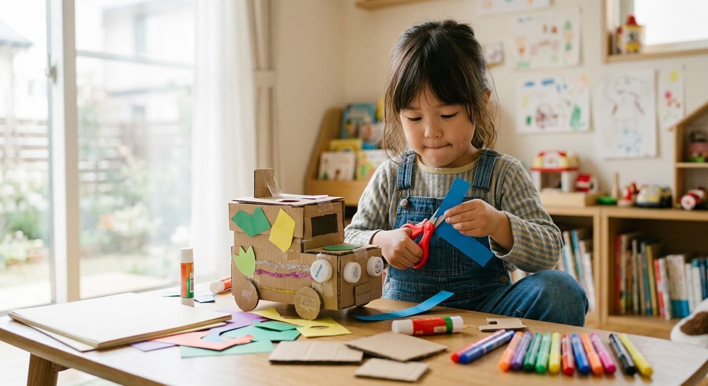 ダンボールの車を作りながら、ハサミで色紙を切る女の子