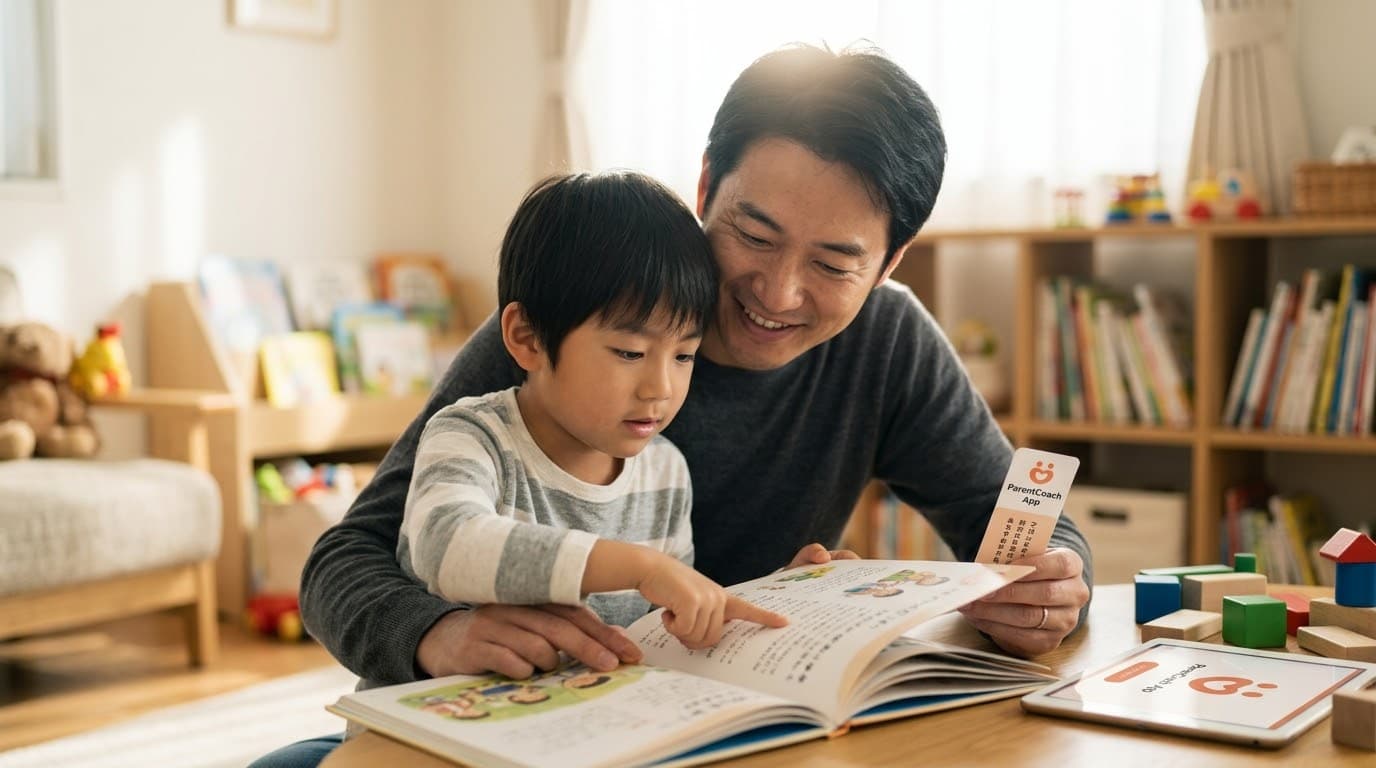 お父さんのひざの上で、絵本を指さしながら一緒に読む男の子