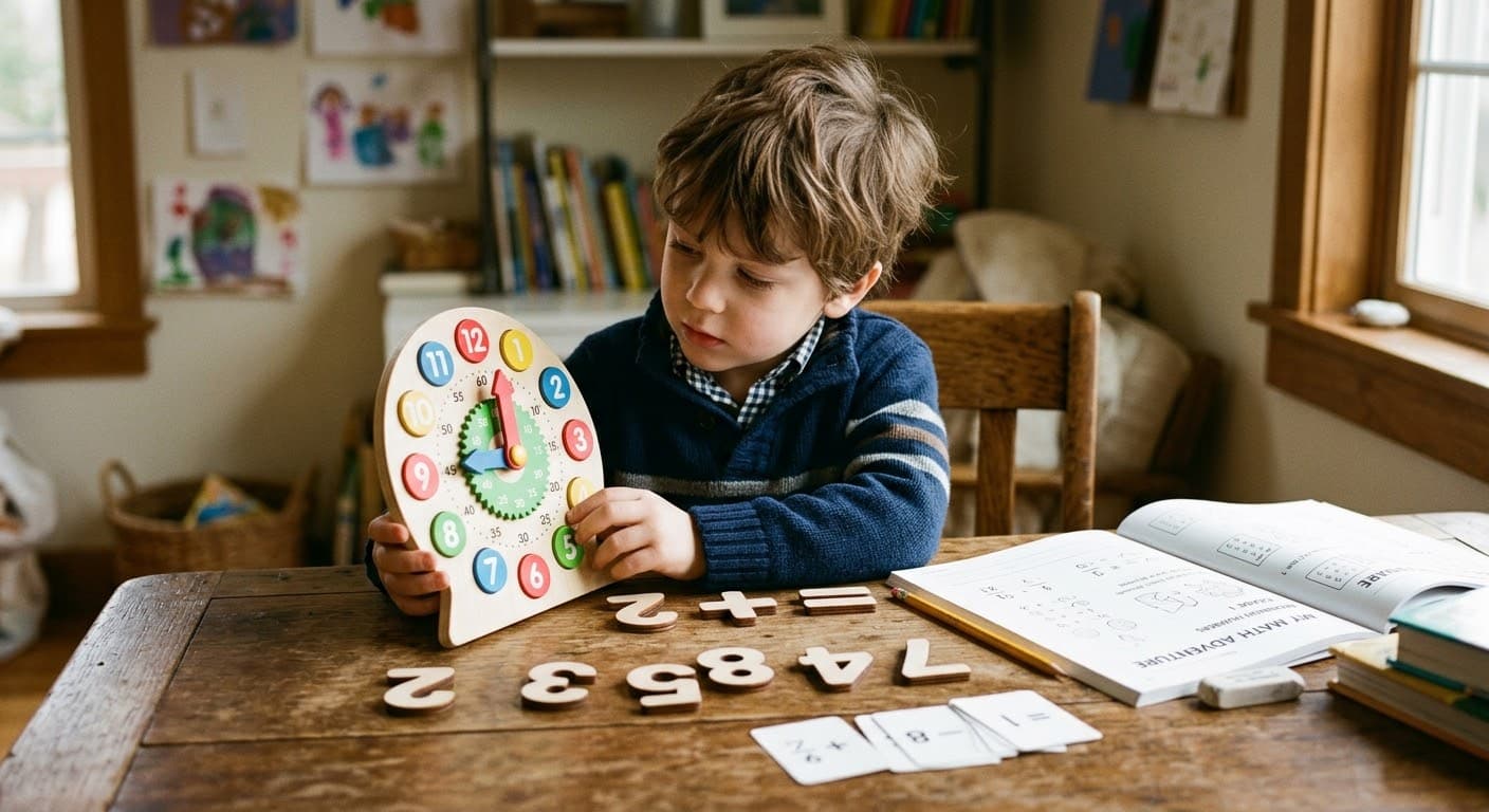 知育時計と数字のパーツを前に、じっくり考える男の子