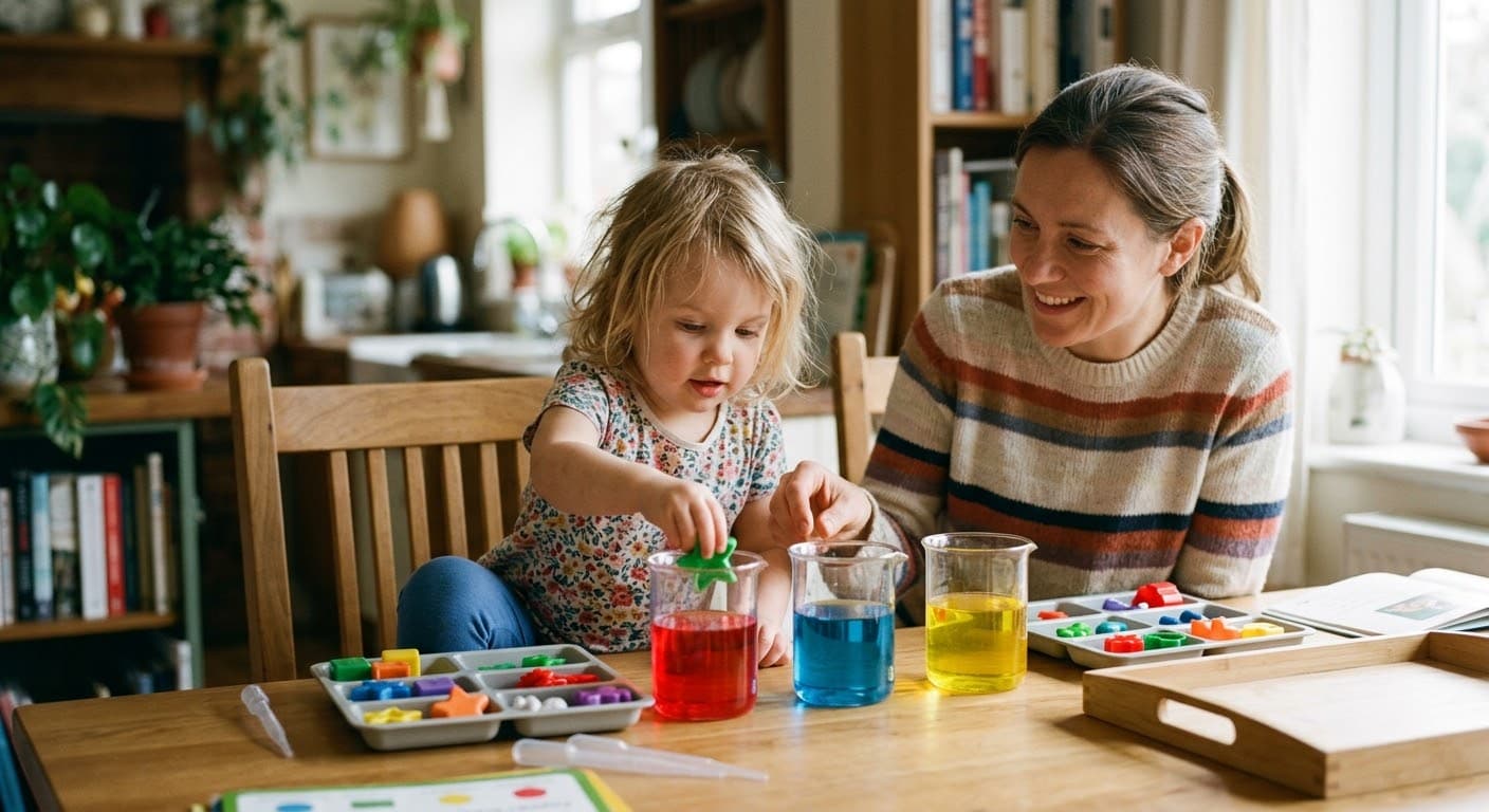 色水のビーカーにおもちゃを入れて、お母さんと実験を楽しむ女の子
