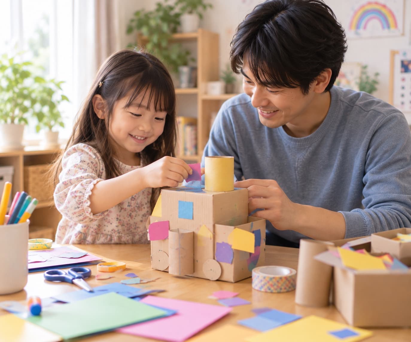 お父さんと一緒に、空き箱やトイレットペーパーの芯、色紙で工作をしている女の子