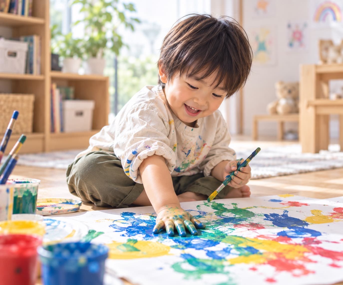 大きな紙の上で、手に絵の具をつけて、笑顔で自由に描いている男の子