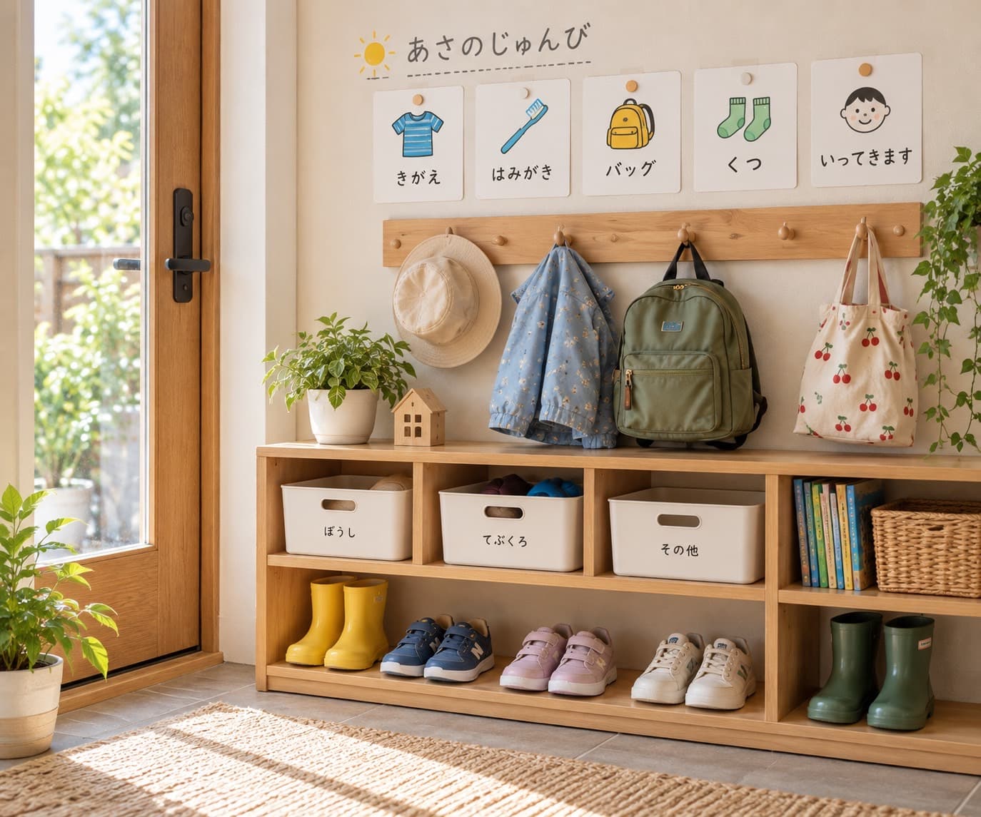 玄関の壁に、朝の準備の絵カードと、帽子・上着・バッグが掛けてあり、棚に靴が並んでいる様子