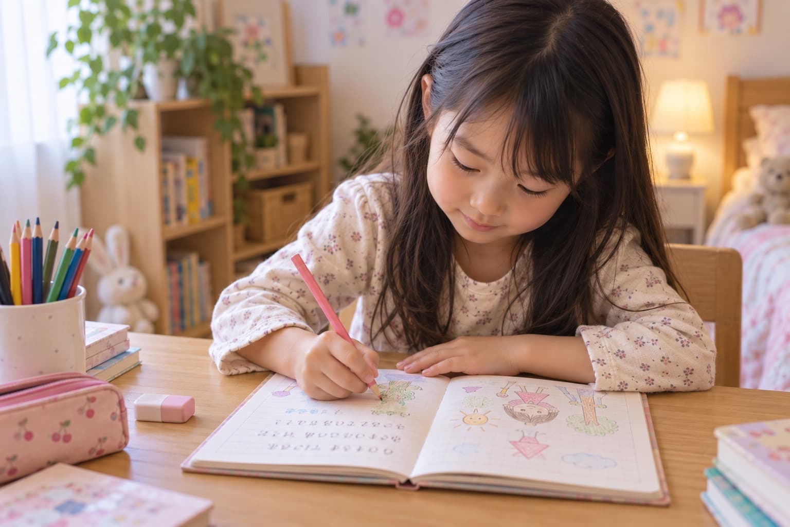 ノートに絵や文字をかきながら、その日のことを記録している女の子