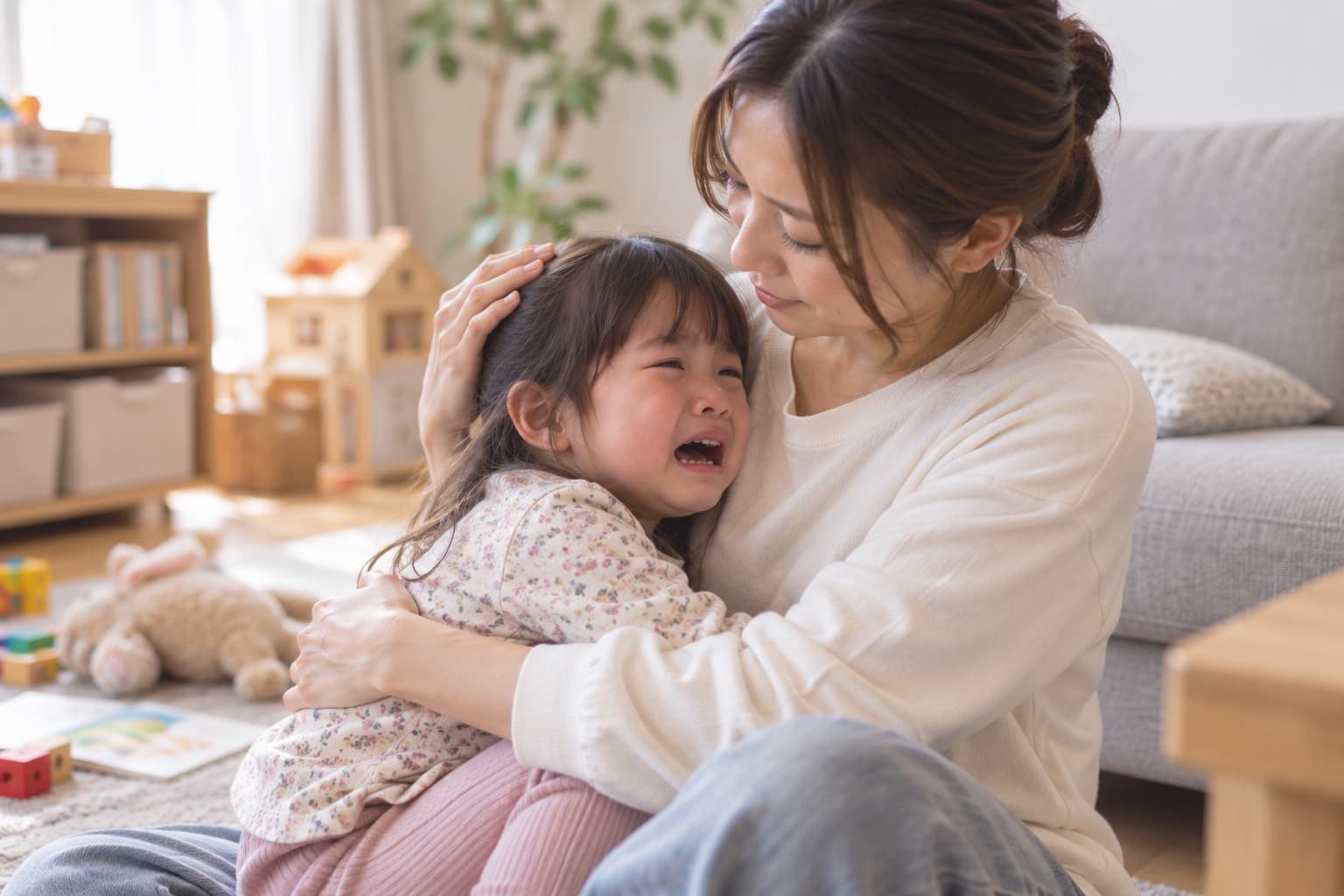泣いている女の子を、お母さんがやさしく抱きしめて頭をなでている様子