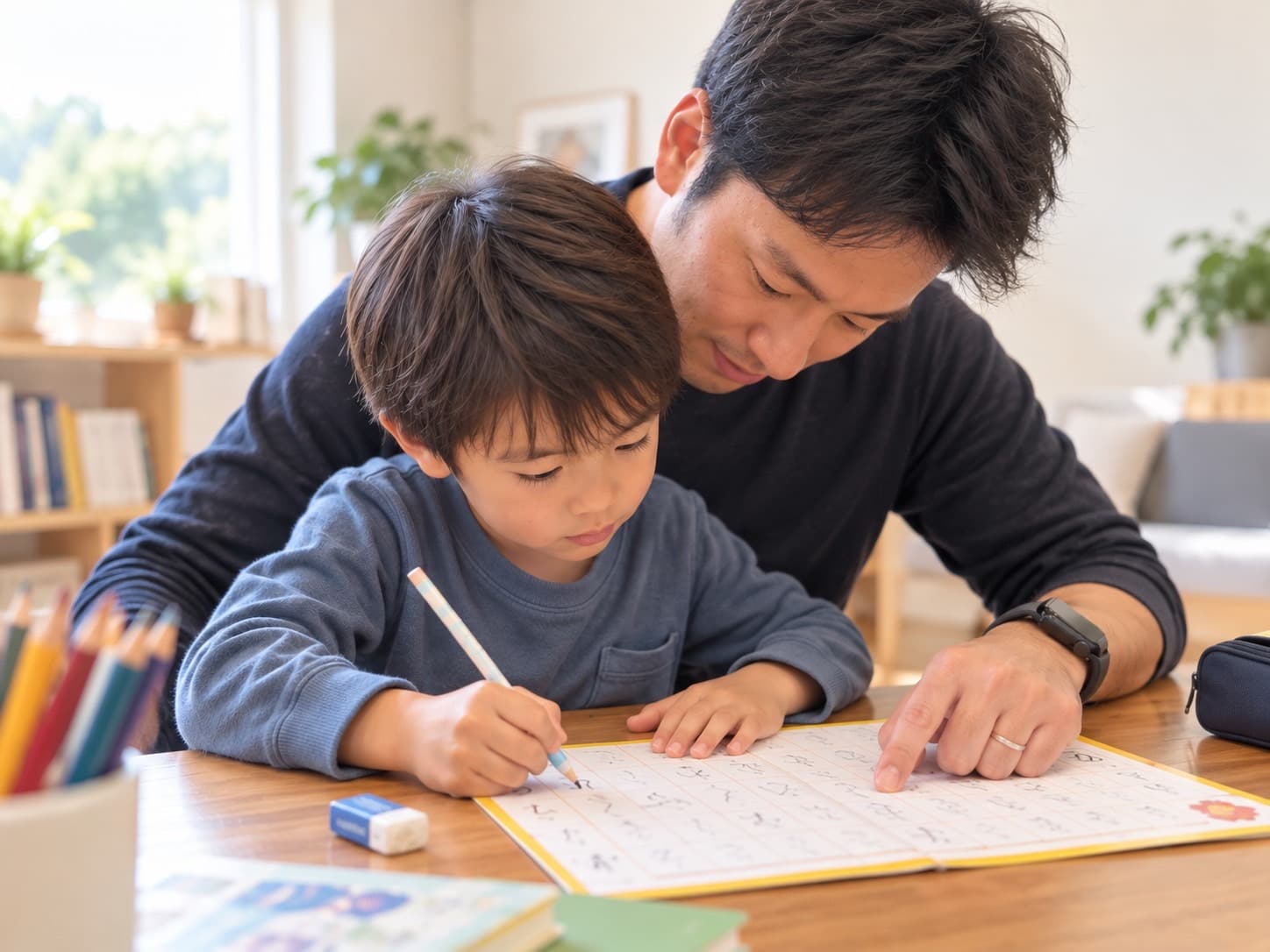 お父さんに見守られながら、ノートにひらがなを書いている男の子