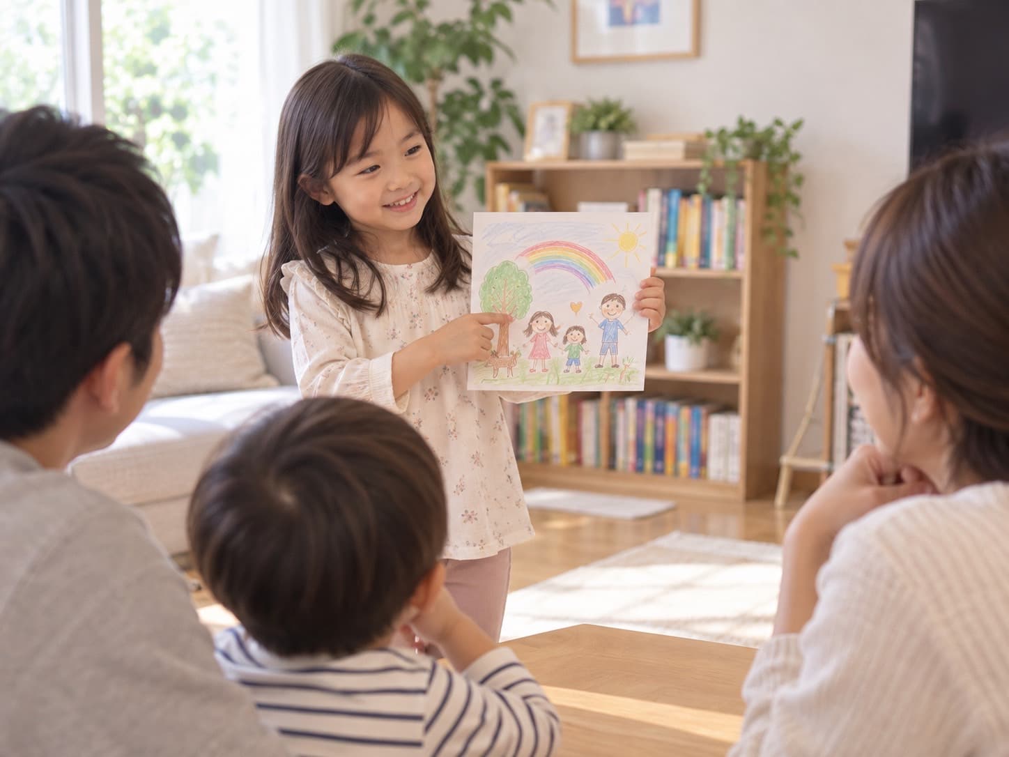 家族の前で、自分で描いた絵を見せながら、笑顔で説明している女の子