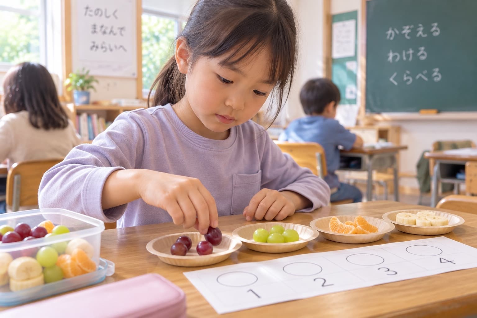 お皿のぶどうを数えながら、数字のシートに並べている女の子