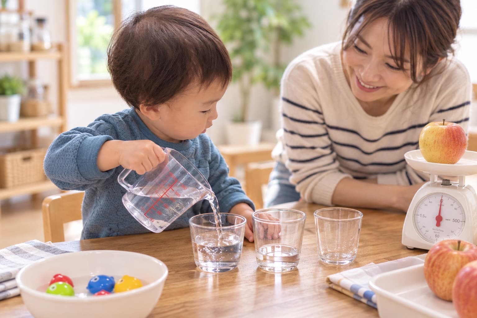 お母さんに見守られながら、計量カップの水を、3つのコップに注いで、量を比べている男の子