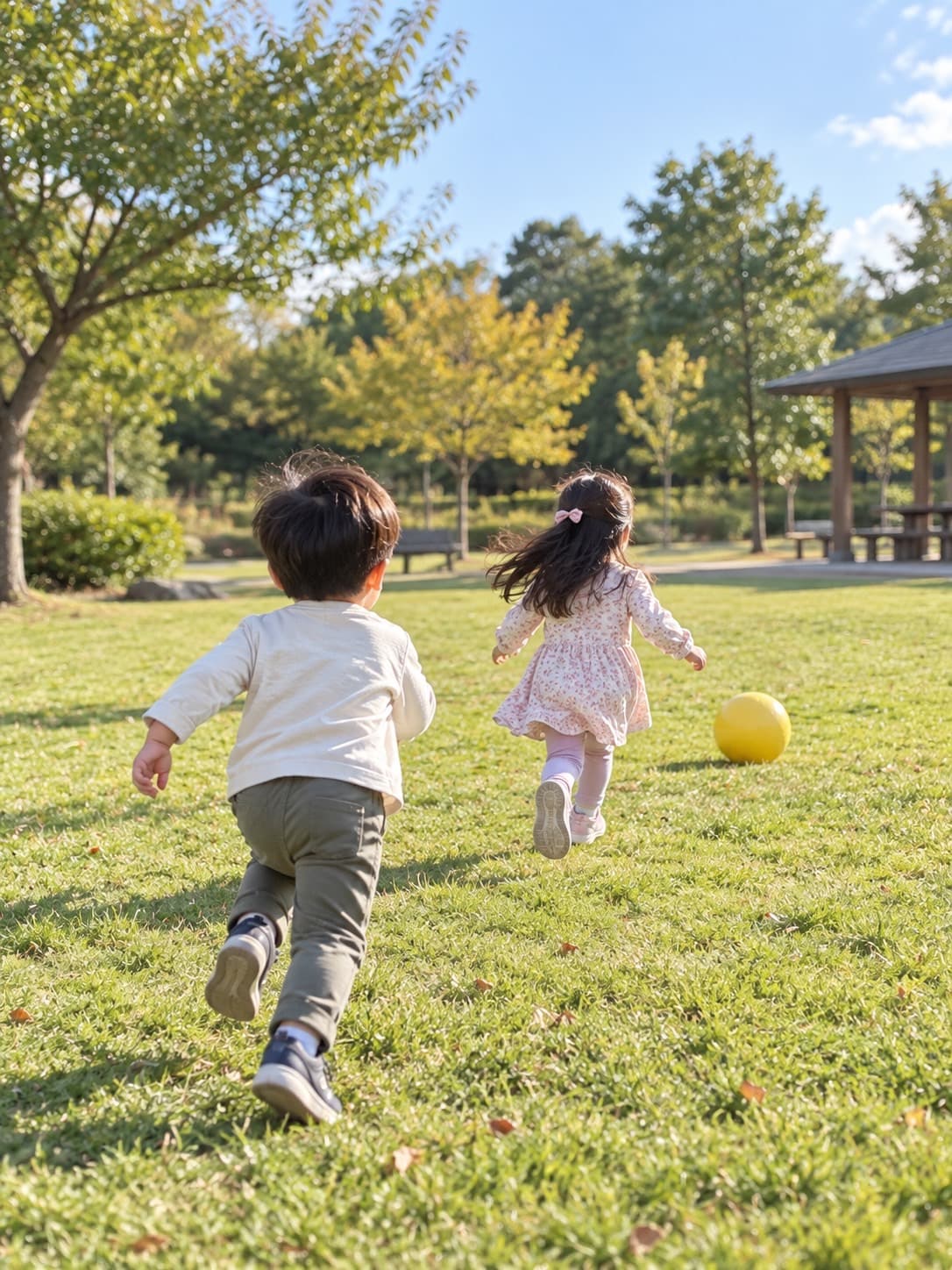 公園の芝生で、黄色いボールを追いかけて走っている2人の子ども