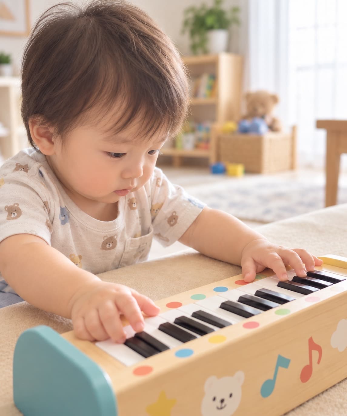 木の鍵盤のおもちゃピアノに両手をのせて、音を出している赤ちゃん