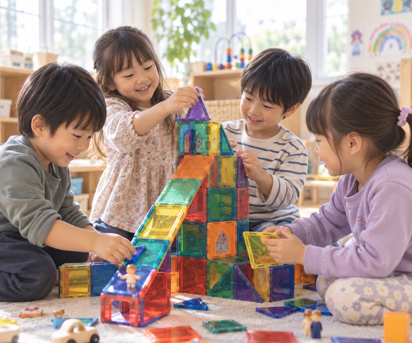 4人の子どもたちが、カラフルなマグネットブロックで、一緒に大きなタワーを作っている様子